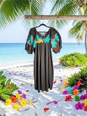 Lindsey Blake Cotton Black Embroidered Floral Pocket Long Maxi Dress M